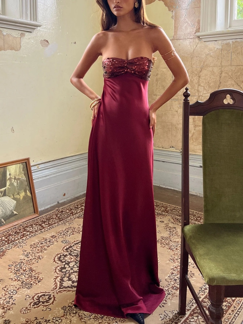 See The Vision Sequin Bust Strapless Maxi Dress Burgundy - Picture 2 of 14